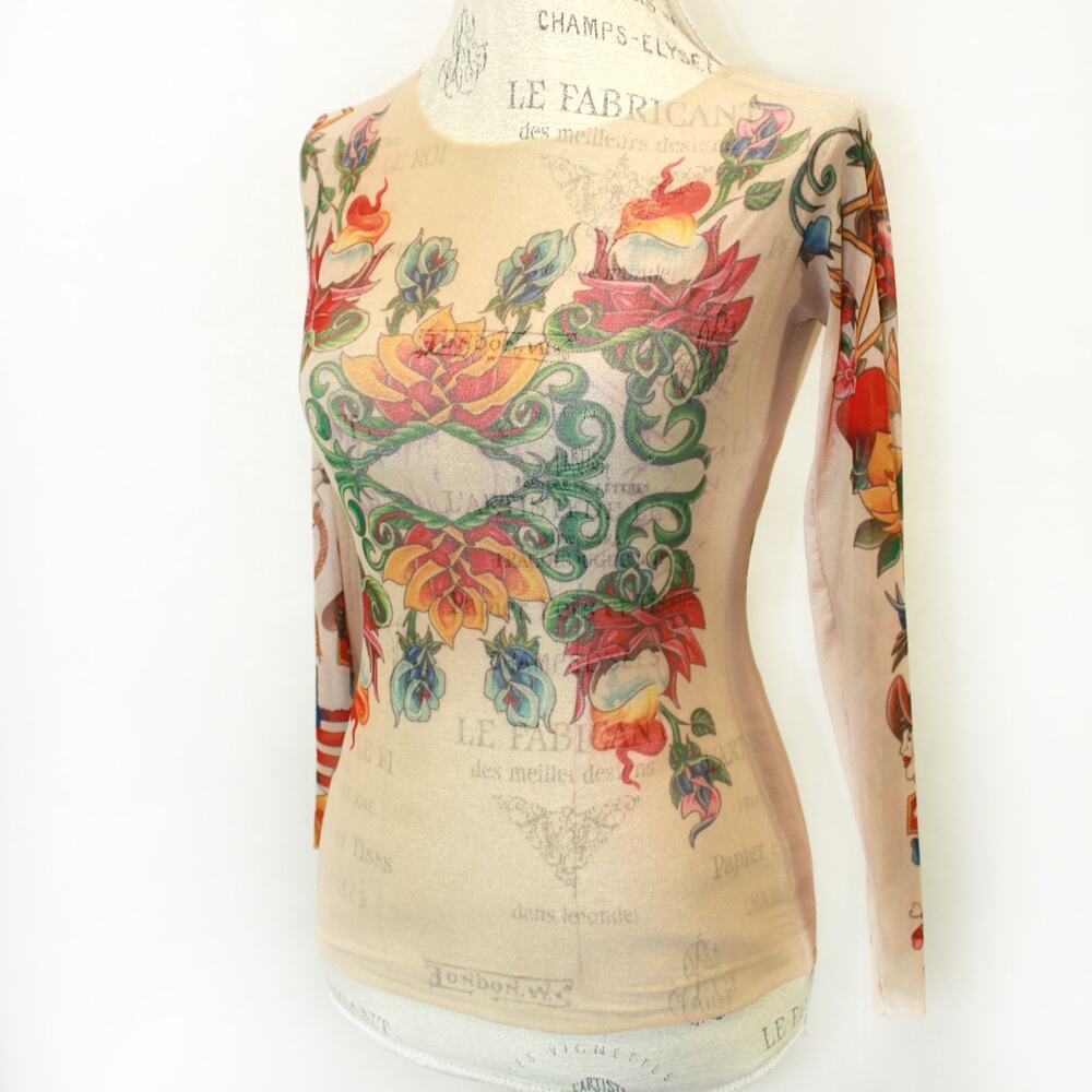 Wild Rose Vtg Floral Cowgirl Mesh Tattoo Shirt Soft Blouse Tee Long Sleeve S